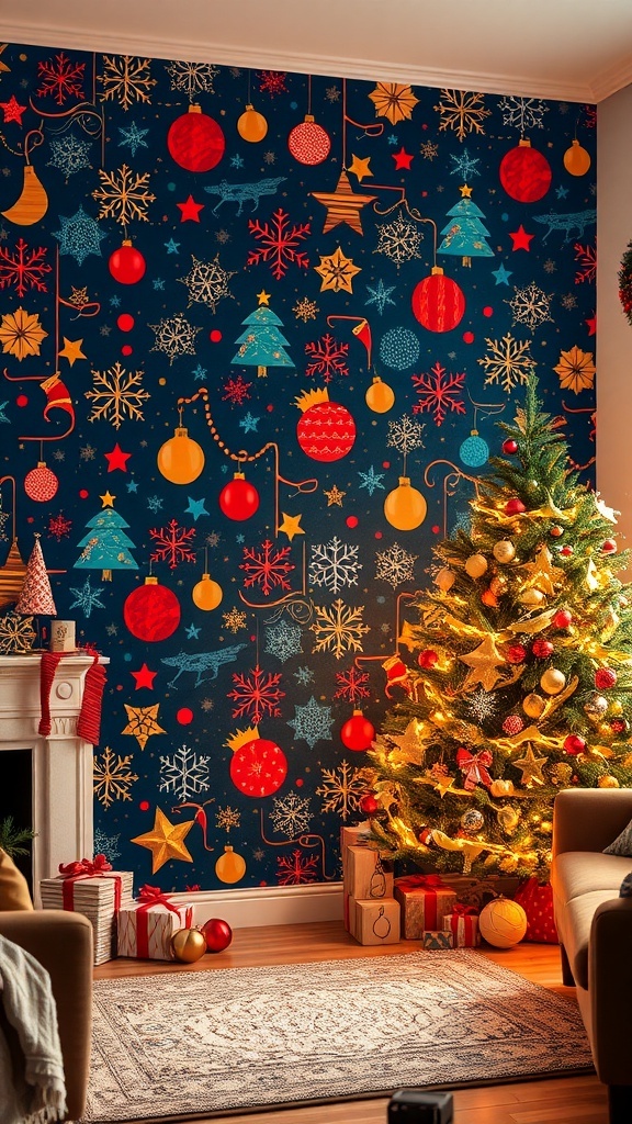 Vertical Christmas wallpaper with snowflakes and trees, applied to a festive living room wall.